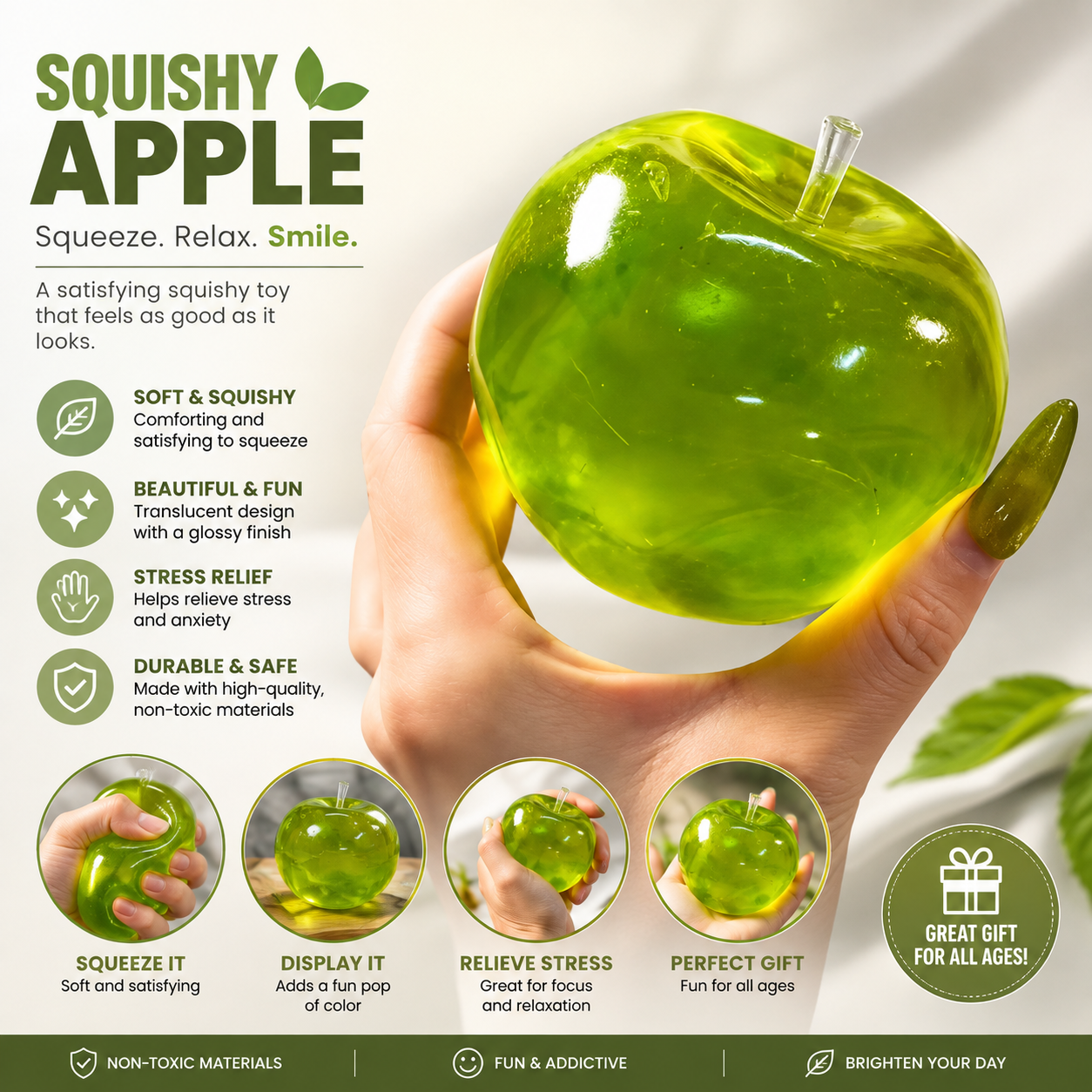 Squishy Green Apple Stress Ball — Slow Rise Sensory Fidget Toy